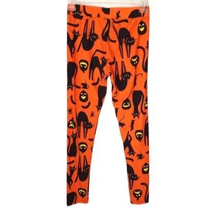 Halloween Leggings Orange With Black Cats And Jack O Lanterns Medium